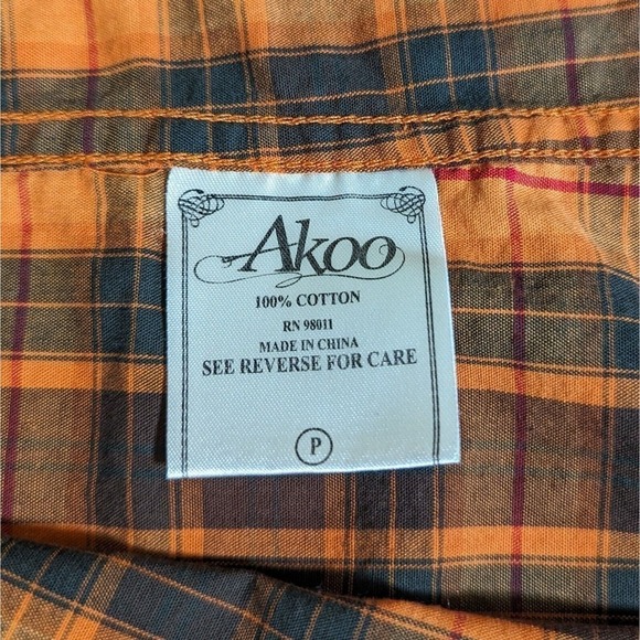 Akoo Button Down Plaid Shirt 4X Multicolor L/S Shoulder Patch Chest Pocket Pins - Picture 5 of 14